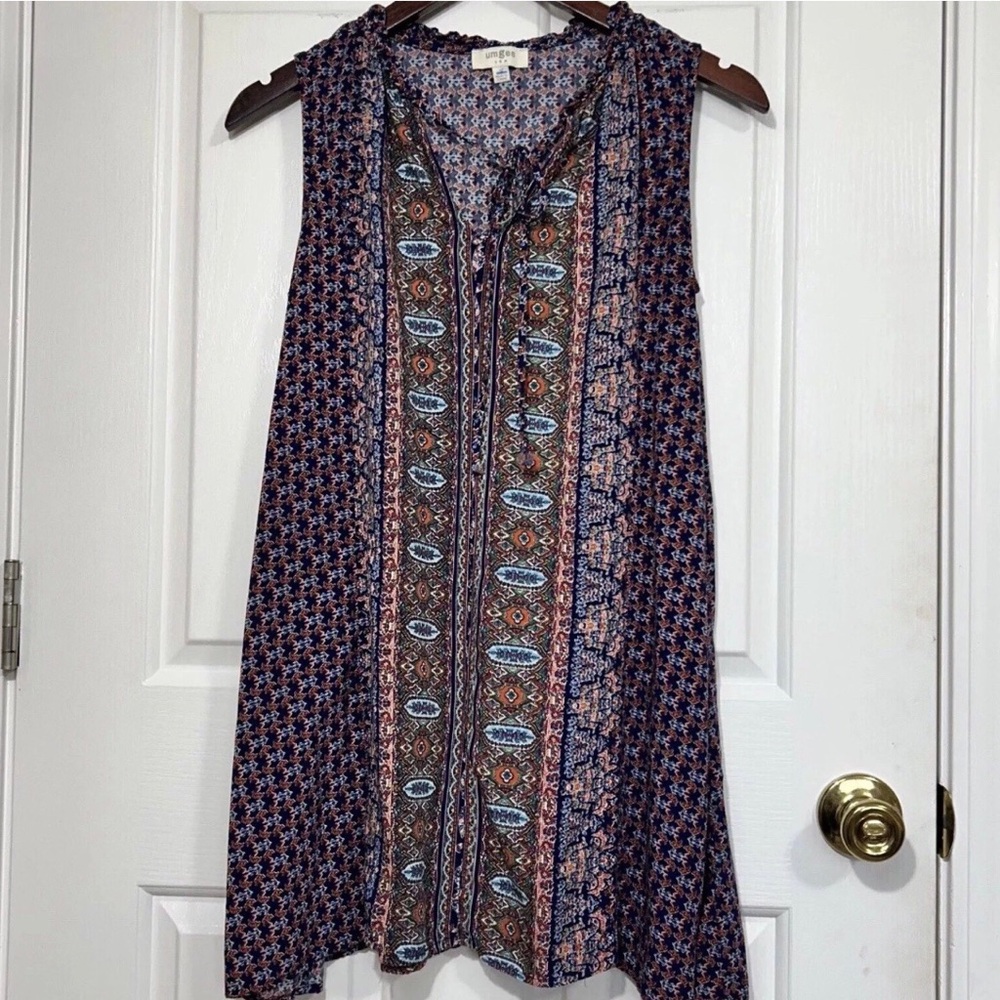 Umgee Boho Tunic Top Small Blue Pink Medallion Sleeveless Ruffle Tie Neck Floral